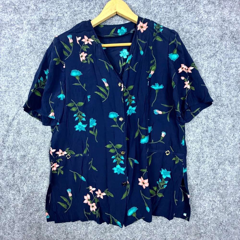 ENKA Blouse Top Womens L Navy Blue Floral Office Dark Romantic Short Sleeve
